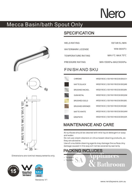 Nero Mecca Basin/Bath Spout Only 185mm Matte White NR221903c185MW - Wall Spouts