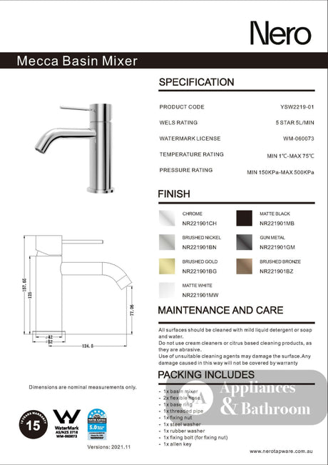 Nero Mecca Basin Mixer Matte White NR221901MW - Basin Mixers