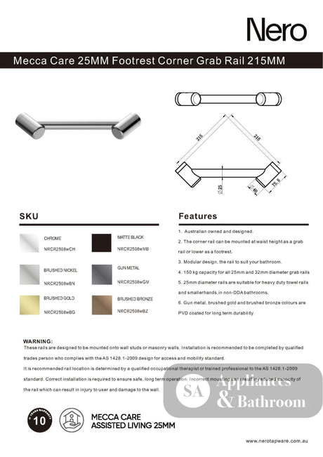 Nero Mecca Care 25mm Footrest Corner Grab Rail 215mm Brushed Nickel NRCR2508WBN - Grab Rail