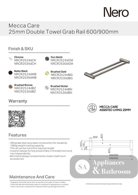 Nero Mecca Care 25mm Grab Double Towel Rail 600mm Brushed Nickel NRCR2524DBN - Bathroom Disabled & Aged Care