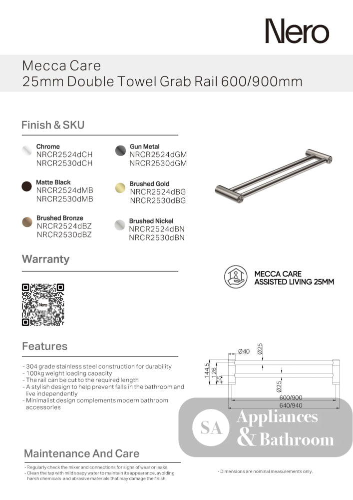 Nero Mecca Care 25mm Grab Double Towel Rail 900mm Brushed Nickel NRCR2530DBN - Bathroom Disabled & Aged Care