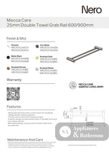 Nero Mecca Care 25mm Grab Double Towel Rail 900mm Brushed Nickel NRCR2530DBN - Bathroom Disabled & Aged Care