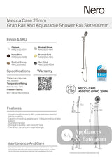 Nero Mecca Care 25mm Grab Rail And Adjustable Shower Rail Set 900mm Brushed Gold NRCS004BG - Rail Shower