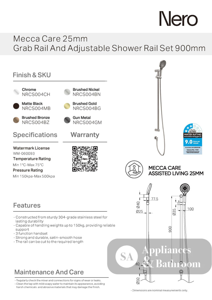 Nero Mecca Care 25mm Grab Rail And Adjustable Shower Rail Set 900mm Gun Metal NRCS004GM - Rail Shower