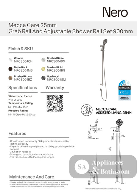 Nero Mecca Care 25mm Grab Rail And Adjustable Shower Rail Set 900mm Gun Metal NRCS004GM - Rail Shower