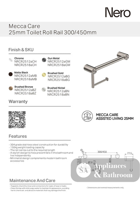 Nero Mecca Care 25mm Toilet Roll Rail 450mm Brushed Nickel NRCR2518ABN - TOILET ROLL HOLDERS