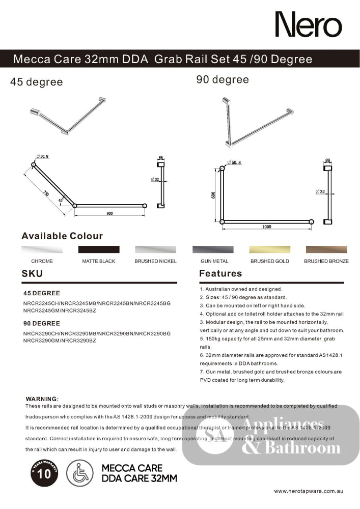 Nero Mecca Care 32mm Dda Grab Rail Set 45 Degree 750X900mm Brushed Bronze NRCR3245BZ - Grab Rail