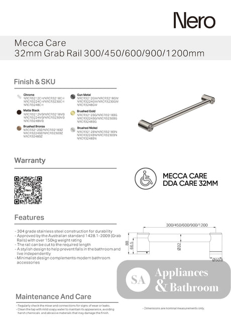 Nero Mecca Care 32mm Grab Rail 450mm Brushed Nickel NRCR3218BN - Grab Rail