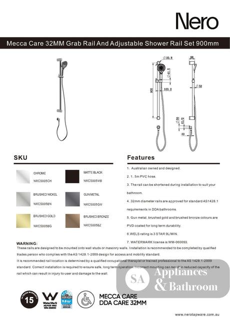 Nero Mecca Care 32mm Grab Rail And Adjustable Shower Rail Set 900mm Brushed Bronze NRCS005BZ - Rail Shower