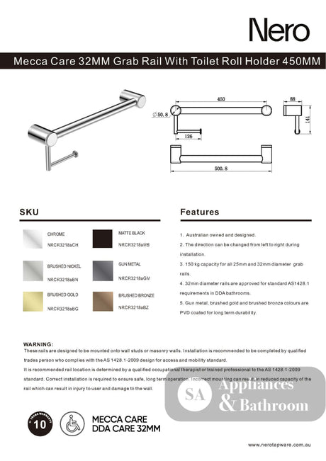 Nero Mecca Care 32mm Grab Rail With Toilet Roll Holder 450mm Chrome NRCR3218ACH - TOILET ROLL HOLDERS