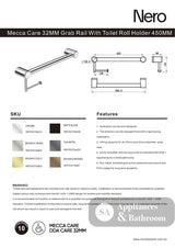 Nero Mecca Care 32mm Grab Rail With Toilet Roll Holder 450mm Gun Metal NRCR3218AGM - TOILET ROLL HOLDERS
