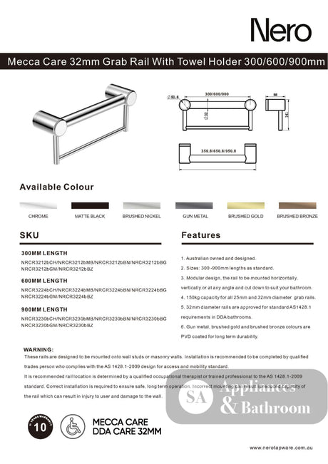 Nero Mecca Care 32mm Grab Rail With Towel Holder 300mm Brushed Nickel NRCR3212BBN - Towel Rails