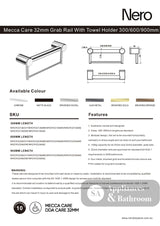 Nero Mecca Care 32mm Grab Rail With Towel Holder 600mm Brushed Nickel NRCR3224BBN - Towel Rails