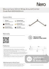 Nero Mecca Care 32mm Wrap Around Corner Grab Rail 600X600mm Chrome NRCR3290WCH - Grab Rail