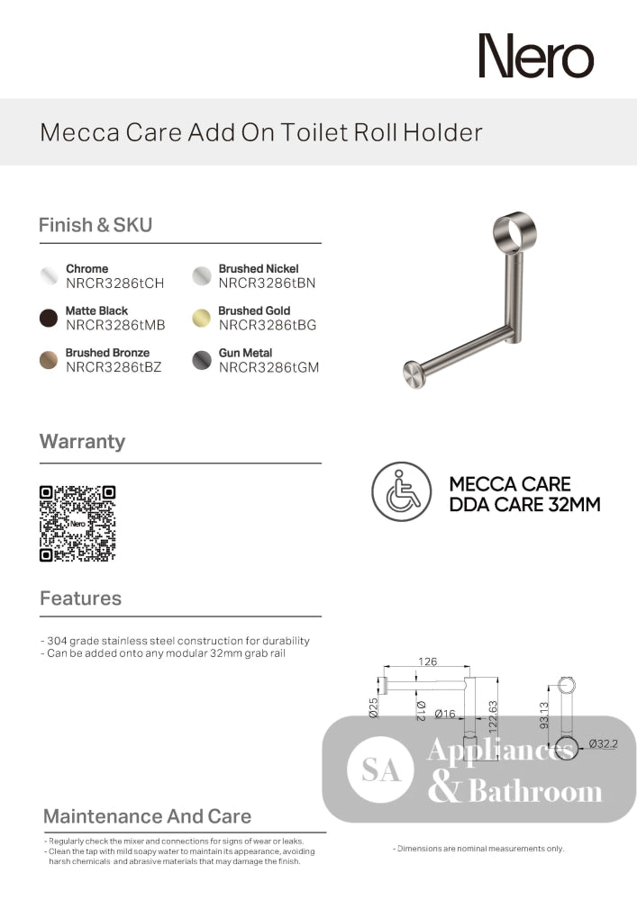 Nero Mecca Care Add On Toilet Roll Holder Brushed Nickel NRCR3286TBN - TOILET ROLL HOLDERS