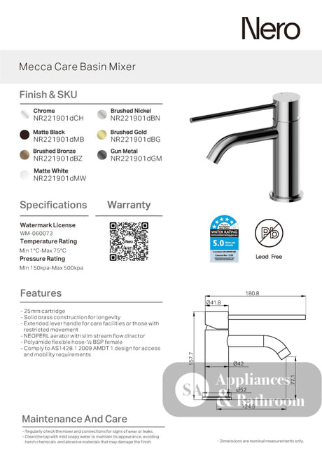 Nero Mecca Care Basin Mixer Chrome NR221901DCH - Basin Mixers