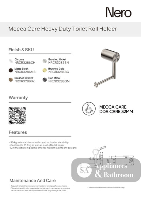 Nero Mecca Care Heavy Duty Toilet Roll Holder Gun Metal NRCR3286GM - TOILET ROLL HOLDERS