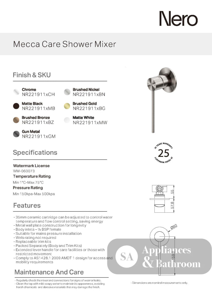 Nero Mecca Care Shower Mixer Chrome NR221911XCH - Wall Mixers