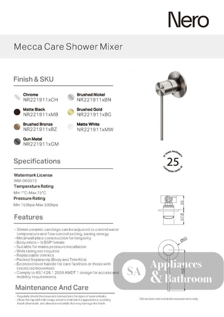 Nero Mecca Care Shower Mixer Matte White NR221911XMW - Wall Mixers