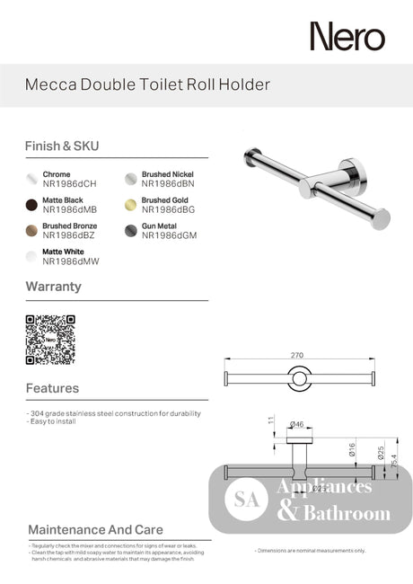 Nero Mecca Double Toilet Roll Holder Gun Metal NR1986dGM - TOILET ROLL HOLDERS