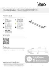 Nero Mecca Double Towel Rail 600mm Chrome NR1924dCH - Towel Rails