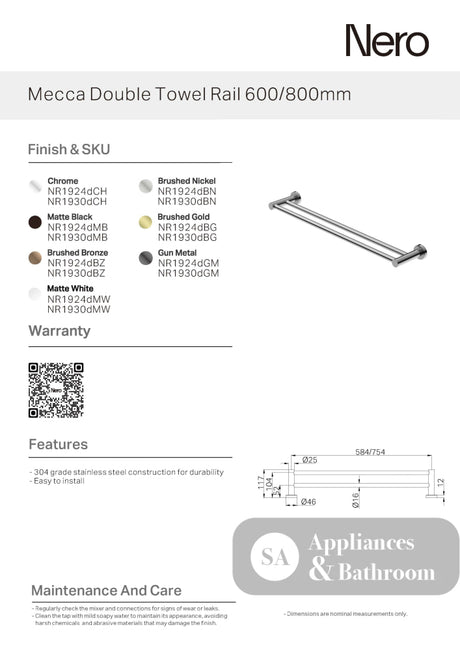 Nero Mecca Double Towel Rail 800mm Matte Black NR1930dMB - Towel Rails