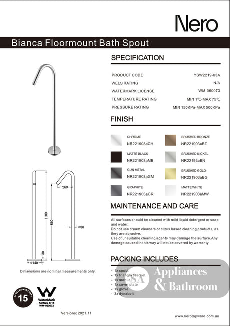 Nero Mecca Floor Standing Bath Spout Only Brushed Gold NR221903ABG - Bath Fillers