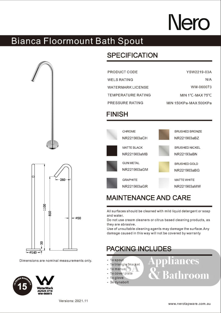 Nero Mecca Floor Standing Bath Spout Only Gun Metal NR221903AGM - Bath Fillers