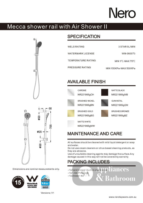Nero Mecca Hand Hold Shower With Air Shower Matte Black NR221905MB - Hand Showers