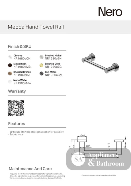 Nero Mecca Hand Towel Rail Brushed Bronze NR1980aBZ - Towel Rails