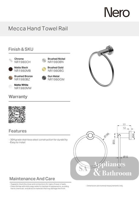 Nero Mecca Hand Towel Ring Chrome NR1980CH - Towel Rails