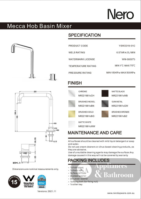Nero Mecca Hob Basin Mixer Square Spout Chrome NR221901cCH - Hob Mixer Sets