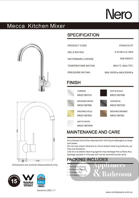 Nero Mecca Kitchen Mixer Chrome NR221907CH - Kitchen Mixer Taps
