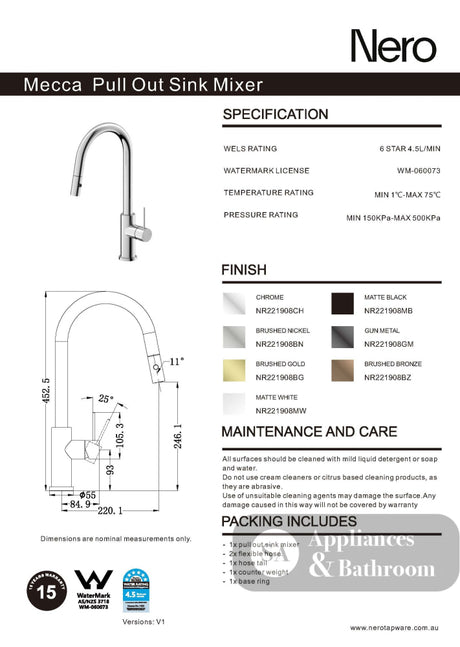 Nero Mecca Pull Out Sink Mixer With Vegie Spray Function Chrome NR221908CH - Kitchen Mixer Taps