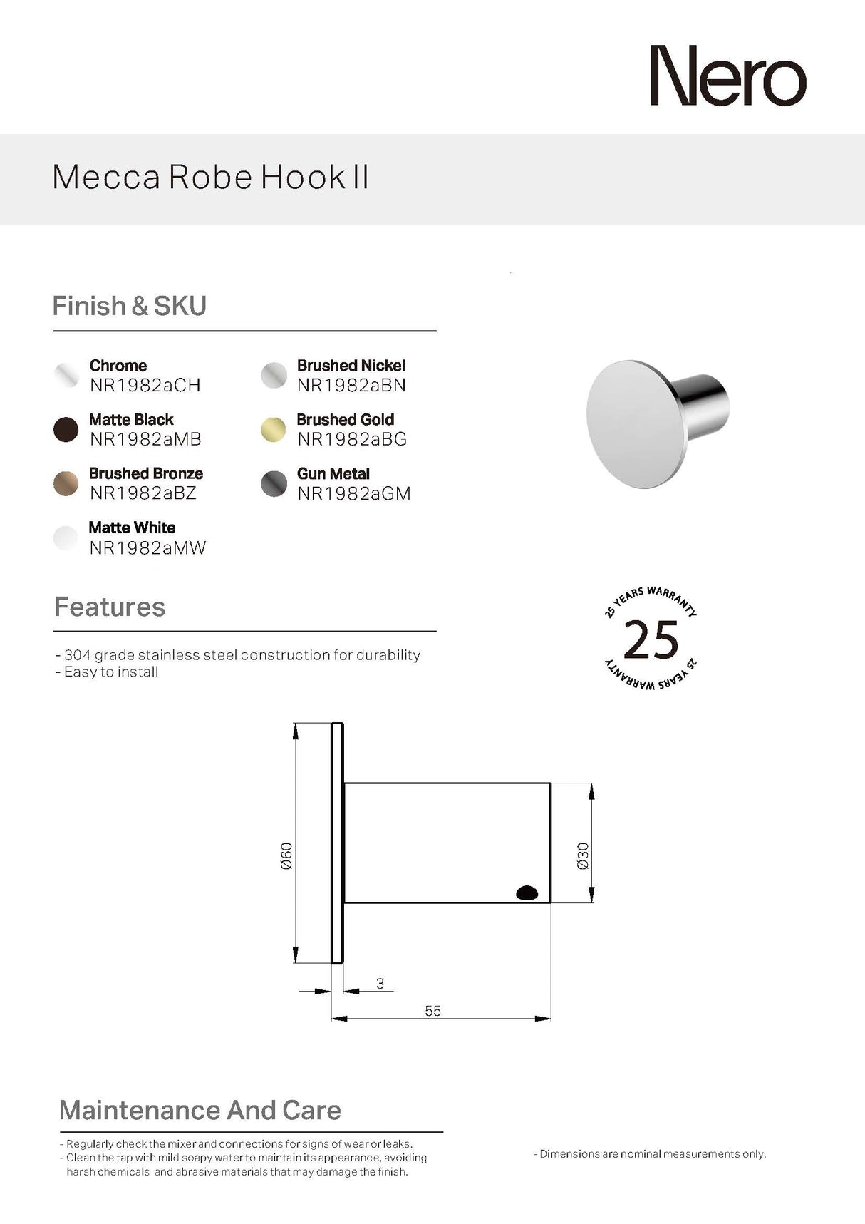 Nero Mecca Robe Hook II Matte White NR1982AMW