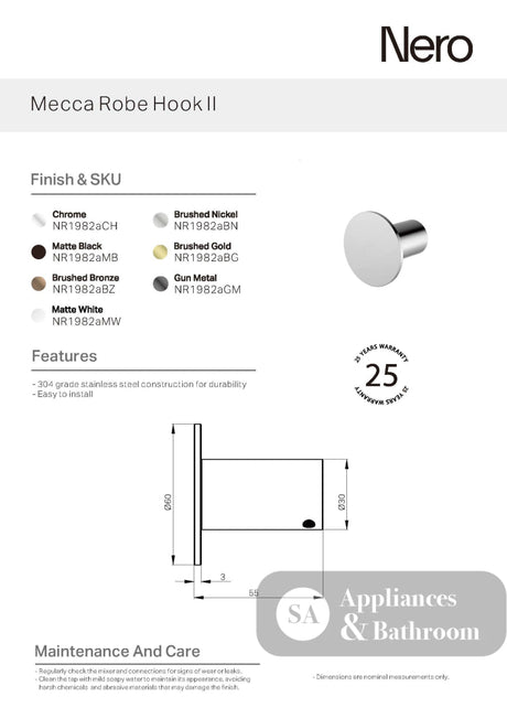 Nero Mecca Robe Hook II Brushed Gold NR1982ABG - Robe Hooks