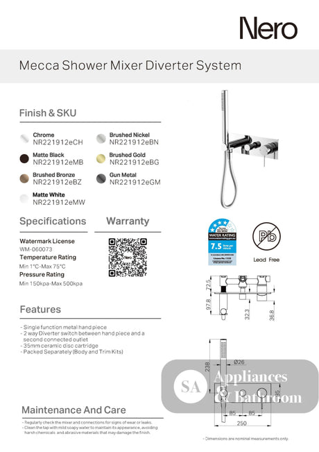 Nero Mecca Shower Mixer Diverter System Gun Metal NR221912EGM - Hand Showers