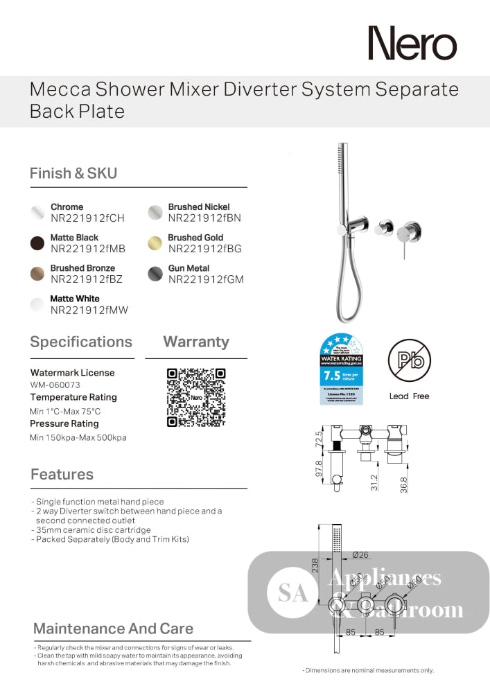 Nero Mecca Shower Mixer Diverter System Separate Back Plate Brushed Bronze NR221912FBZ - Hand Showers