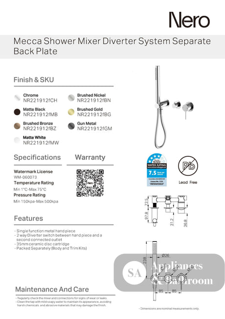 Nero Mecca Shower Mixer Diverter System Separate Back Plate Chrome NR221912FCH - Hand Showers