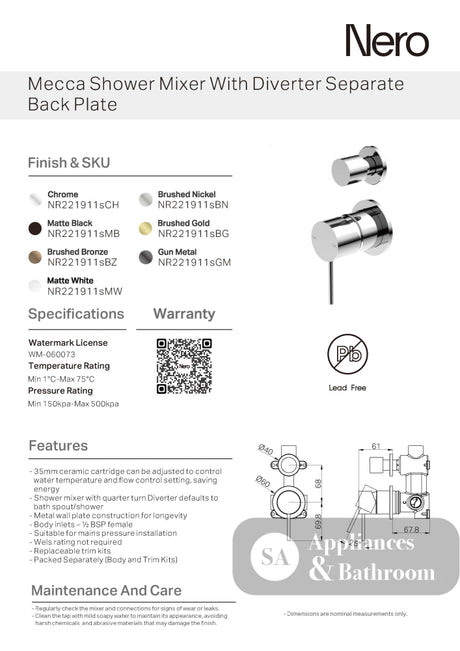 Nero Mecca Shower Mixer With Divertor Separate Back Plate Chrome NR221911sCH - Diverter Mixers