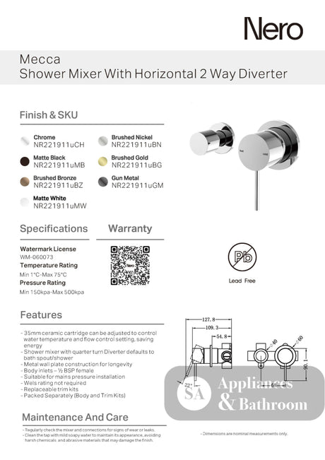 Nero Mecca Shower Mixer With Horizontal 2 Way Divertor Brushed Bronze NR221911UBZ - Wall Mixer Diverter