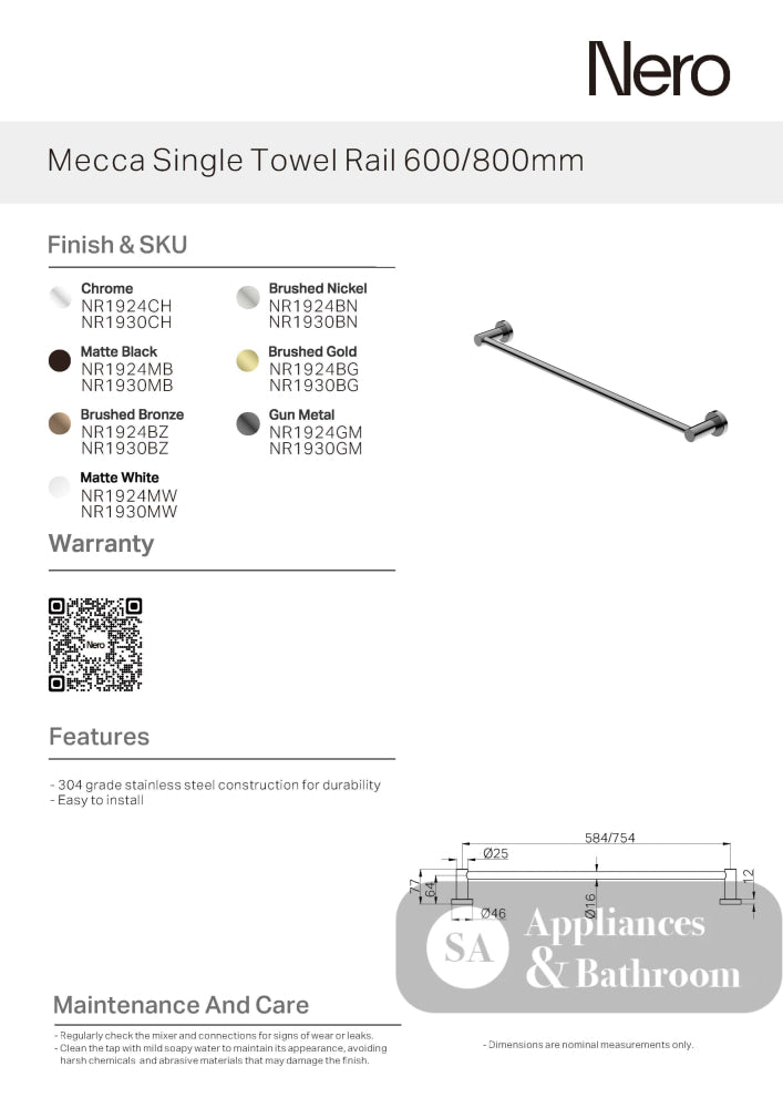 Nero Mecca Single Towel Rail 600mm Chrome NR1924CH - Towel Rails