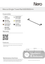Nero Mecca Single Towel Rail 600mm Matte White NR1924MW - Towel Rails