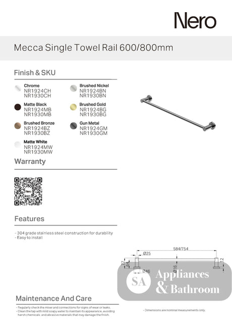 Nero Mecca Single Towel Rail 800mm Brushed Nickel NR1930BN - Towel Rails