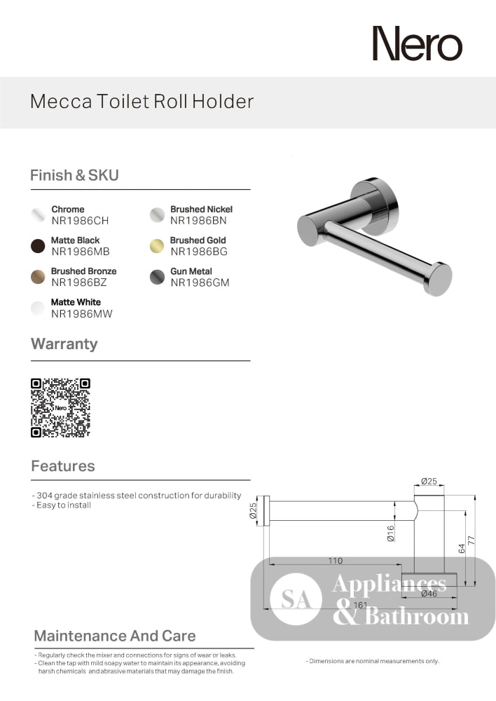 Nero Mecca Toilet Roll Holder Brushed Bronze NR1986BZ - TOILET ROLL HOLDERS