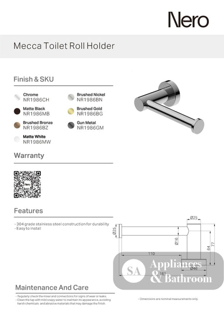 Nero Mecca Toilet Roll Holder Brushed Nickel NR1986BN - TOILET ROLL HOLDERS