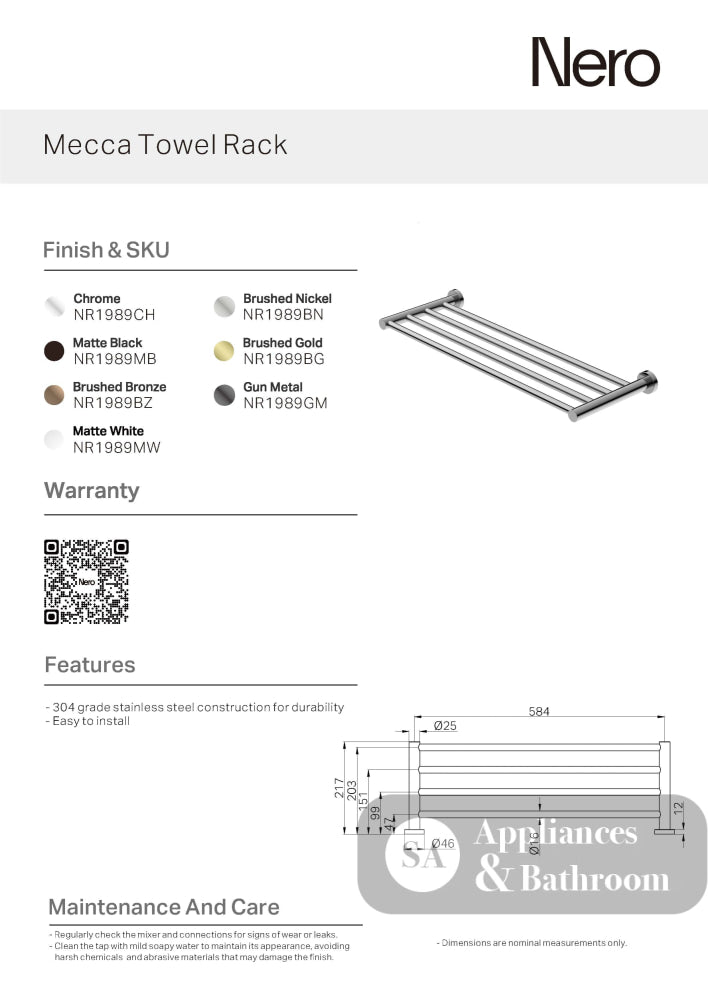 Nero Mecca Towel Rack Chrome NR1989CH - Towel Rails