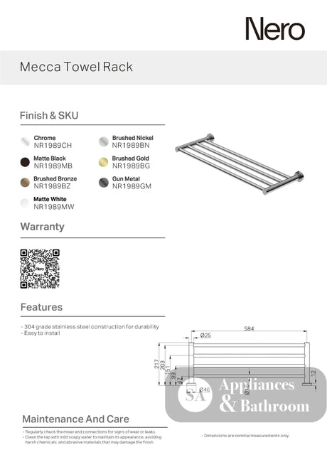 Nero Mecca Towel Rack Chrome NR1989CH - Towel Rails