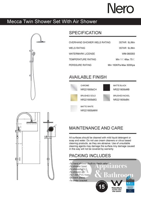 Nero Mecca Twin Shower With Air Shower Matte Black NR221905bMB - Twin Showers
