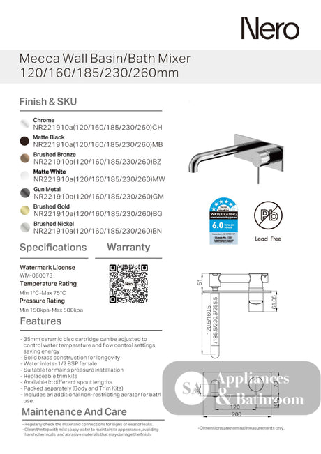 Nero Mecca Wall Basin/Bath Mixer 185mm Chrome NR221910A185CH - Wall Mixers & Spouts
